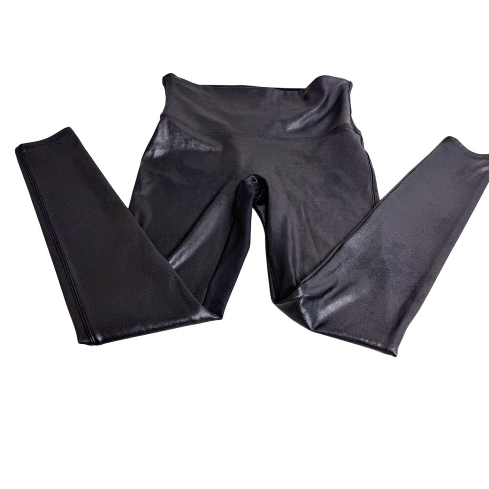 Spanx Faux Leather Leggings black high rise waist 28" inseam shiny pants Sz L
